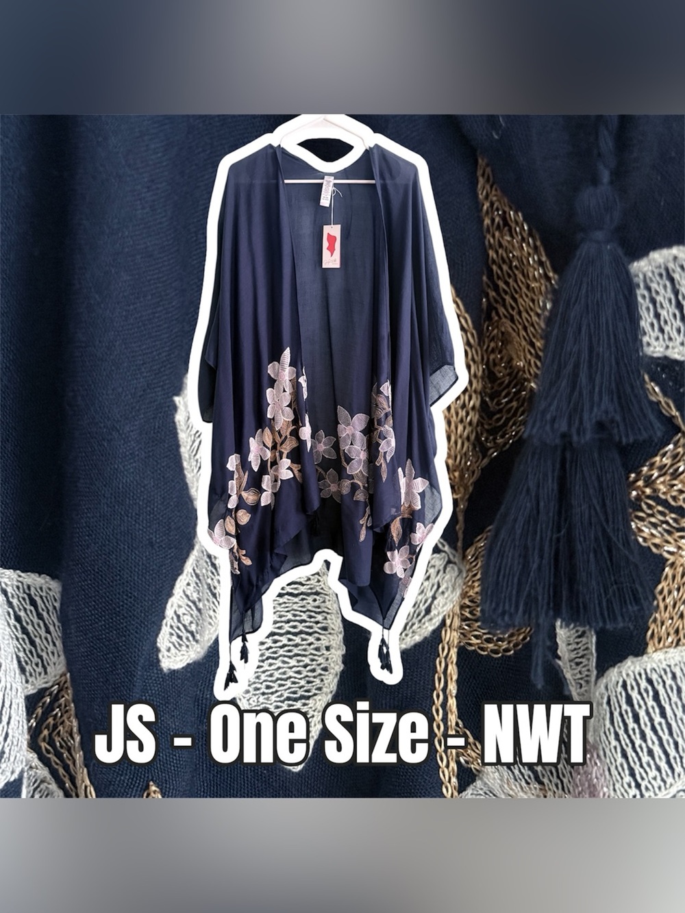 Sears Navy Open-Front Women's Shrug with Pink Floral Embroidery